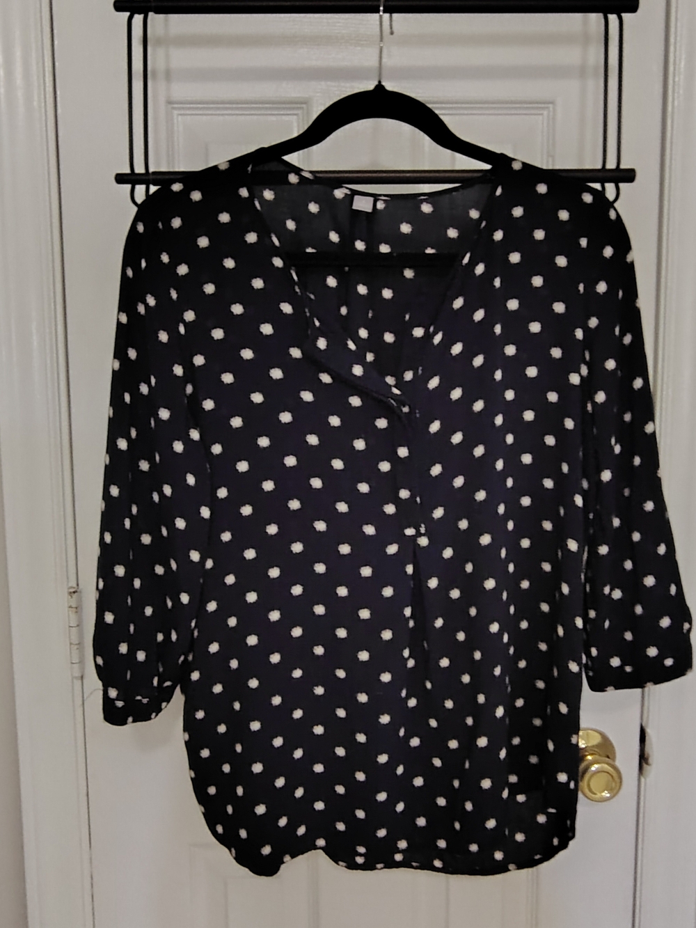 Polka Dot V-Neck Women's Blouse - Navy and White